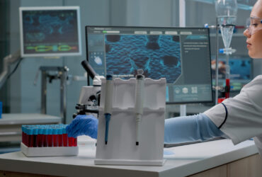 Scientist woman sitting in laboratory with chemical technology on desk. Biochemistry doctor with pipette, blood vacutainers, microscope, typing on computer for microbiology experiment